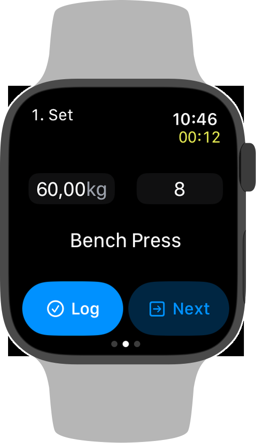 The Movr workout session running on Apple Watch, with Log and Next buttons