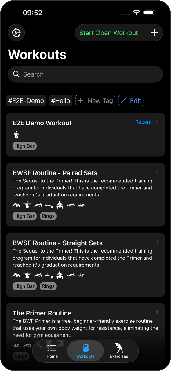 The Movr workouts library on iPhone, showing reusable routines including bodyweight-fitness programs